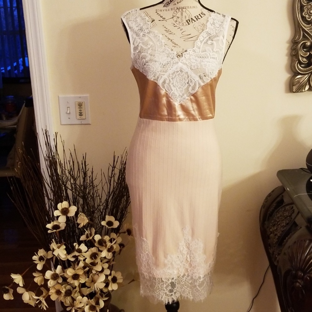 Sleeveless v-neck dress with lace detail.